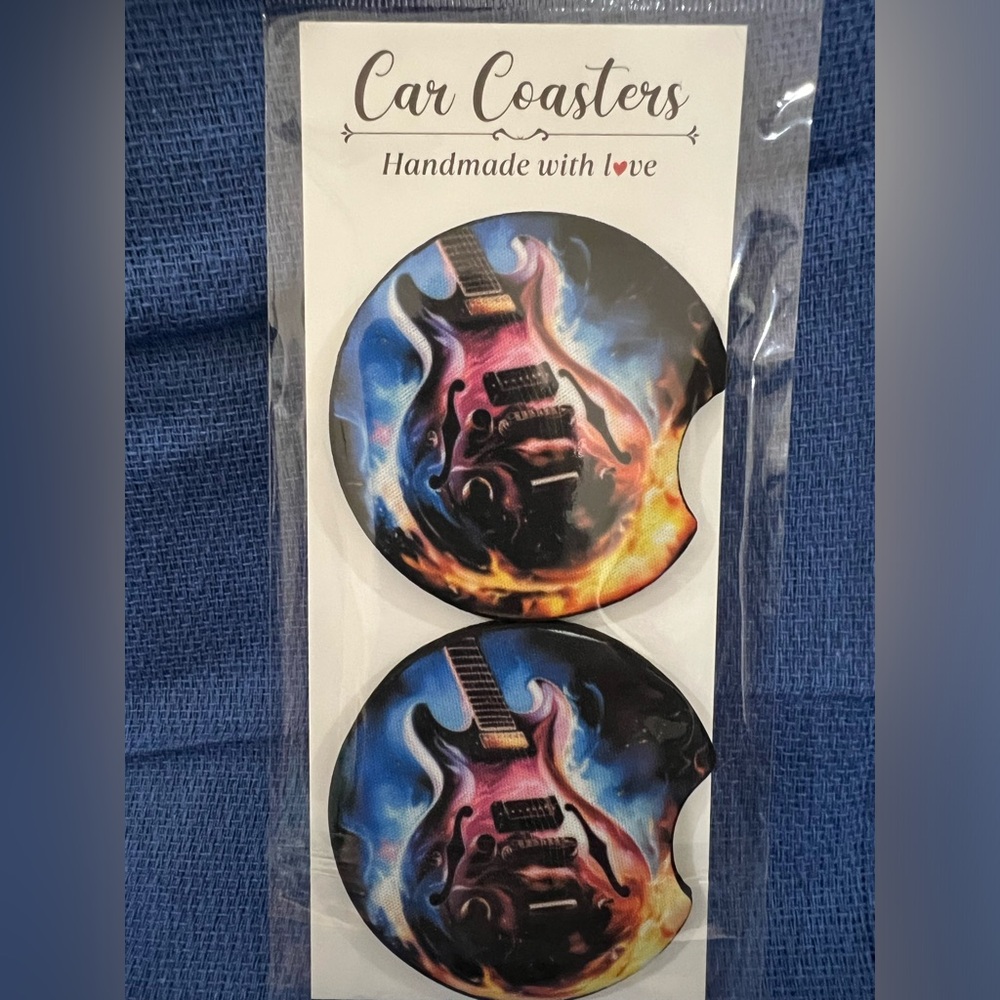 Flaming guitars car coasters